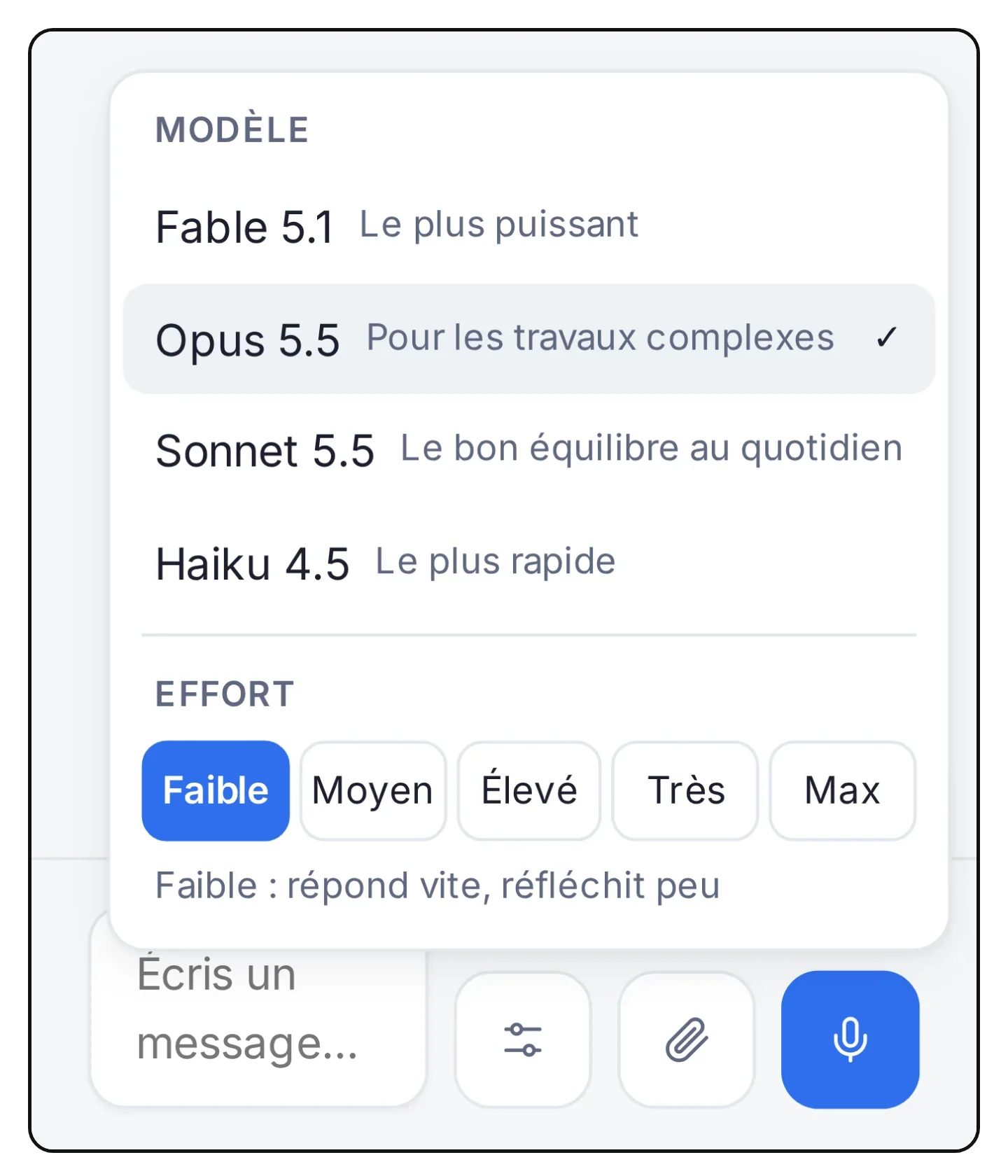 Capture du menu ouvert au-dessus de la zone de saisie : quatre modèles (Fable 5.1, Opus 5.5 coché, Sonnet 5.5, Haiku 4.5) et cinq efforts de Faible à Max, Faible choisi